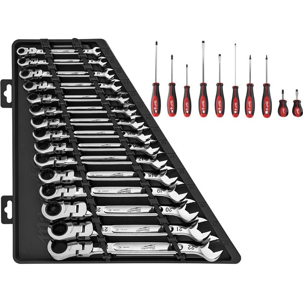 Milwaukee 144-Position Flex-Head Ratcheting Combination Wrench Set Metric  with Screwdriver Set (25-Piece) 48-22-9513-48-22-2710 The Home Depot