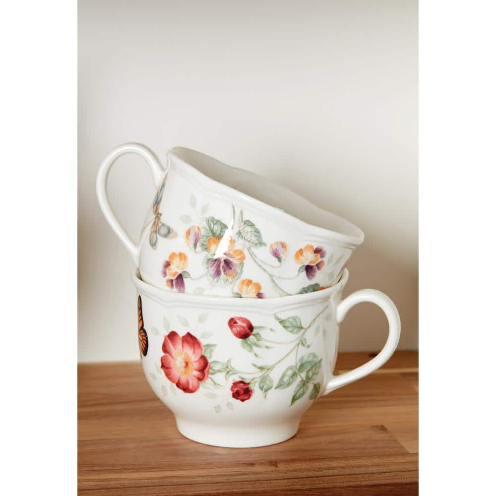White Ceramic Butterfly Floral Latte Mug Set, 2-Piece