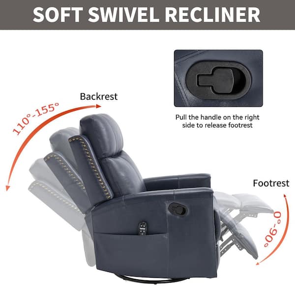 Blue Genuine Leather Recliner Chair with 360° Swivel Rocker 8-Point Massage Lumbar Heat and Manual Handle Recline
