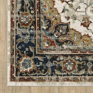 4' X 6' Beige Blue Green Rust And Grey Oriental Power Loom Stain Resistant Area Rug