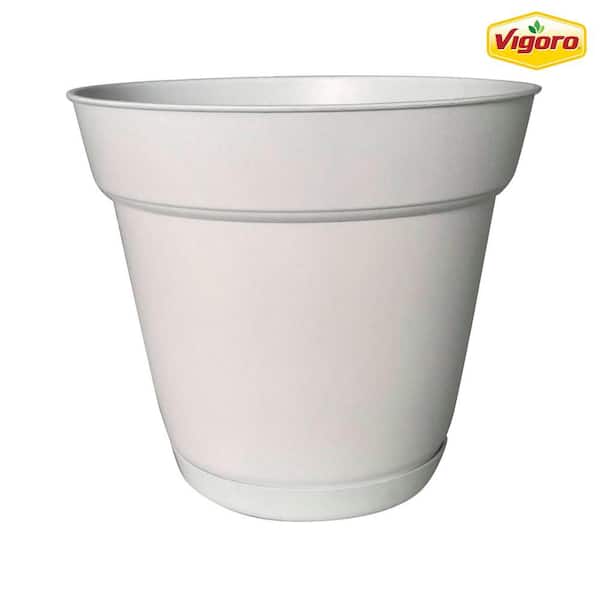 Vigoro 10 in. Bea Medium Bright White Resin Planter (10 in. D x 8.9 in. H) With Drainage Hole and Attached Saucer
