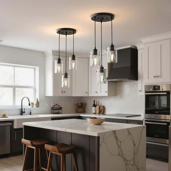 3-Light Black Modern Pendant Light with Clear Glass Shades, E26 Socket Chandelier for Kitchen Island, Dining Room
