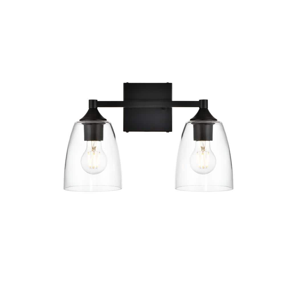 Simply Living 15 in. 2-Light Modern Black Vanity Light with Clear Bell Shad