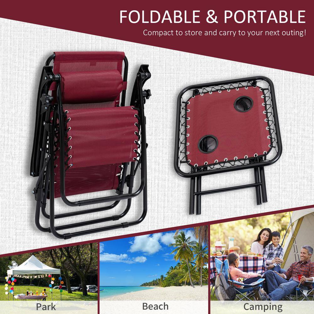 Wine Red Steel Zero Gravity Folding Lounge Chair Set with Cushions