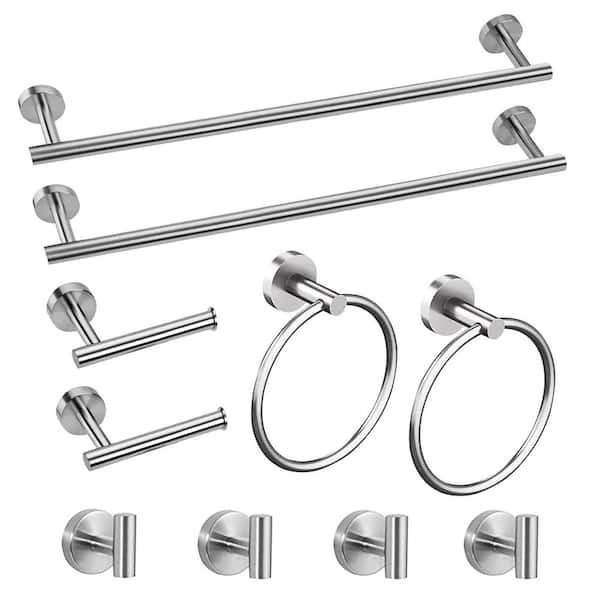 Brushed Nickel 10 Piece Bathroom Accessories Set, 24 in. Towel Bar, Ring, Toilet Paper Holder and Robe Hook