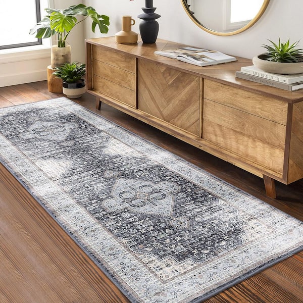 Machine Washable Carpet Retro Print Rug Anti-fouling and Anti-slip for Bedroom Living Room Office Black Gray，2*6ft
