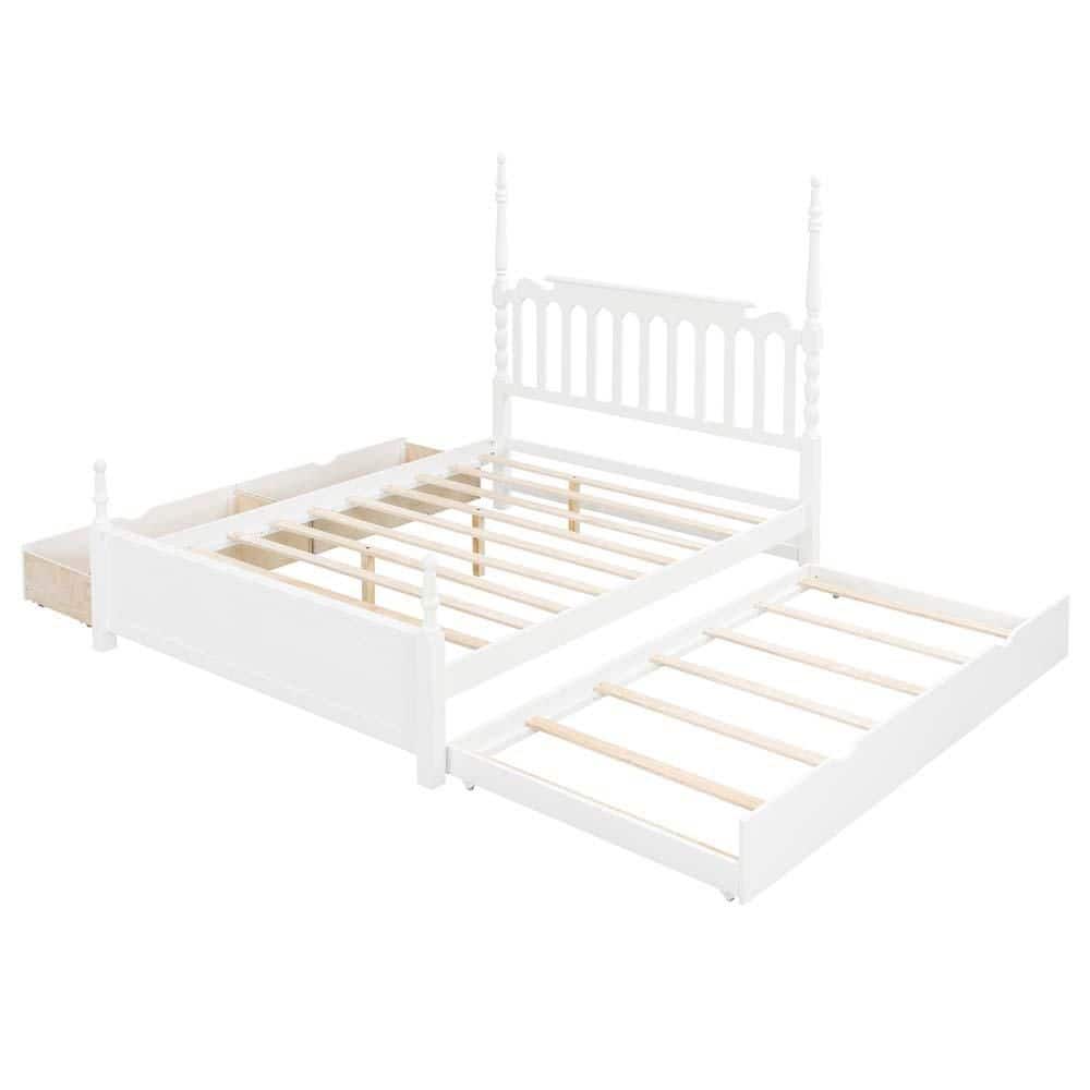 White Wood Bed Frame with Spindle Headboard, Queen Size Platform Bed with Twin XL Trundle and 2 Storage Drawers price history on PriceWatchPro