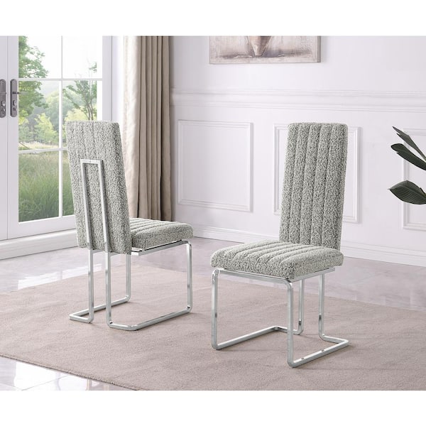 Best Quality Furniture Chuck Rich Grey Boucle Fabric Side Chair Set of 2 with Chrome Plated Base