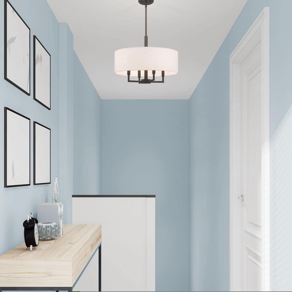 Mini Drum English Bronze Pendant with Oatmeal Fabric Shade