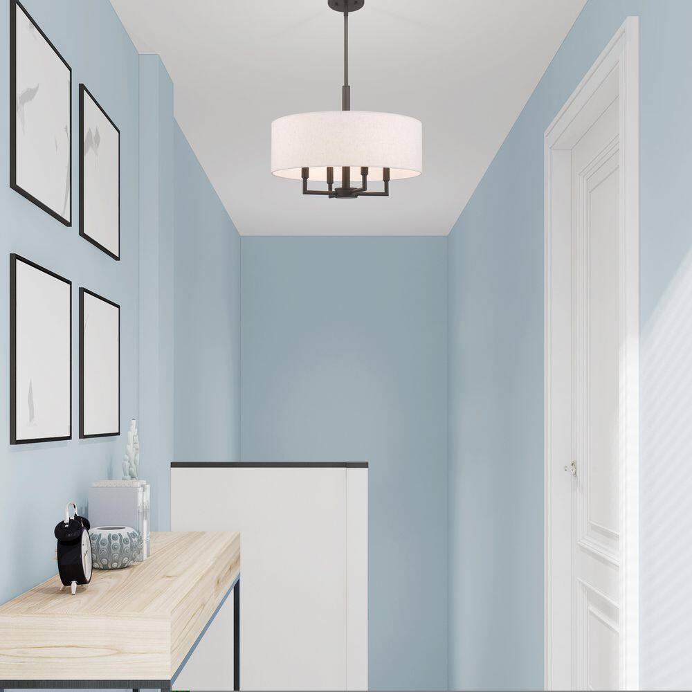 Mini Drum English Bronze Pendant with Oatmeal Fabric Shade