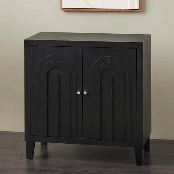 Black Wooden 32 in. Art Deco Inspired Carved Arch 2 Door Geometric Cabinet with Gold Knobs
