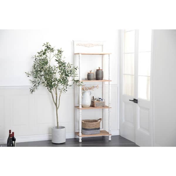 Litton Lane Celina 71 in. Tall White Wood 4 Shelves Stationary Floral Intricately Carved Bookcase