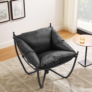 Peculiar Design Black Genuine Leather Lounge Accent Chair with Metal Legs