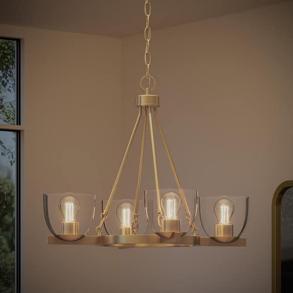 Tamassee Collection 4-Light Brushed Gold Updated Traditional Chandelier with Clear Glass Shades for Dining Room