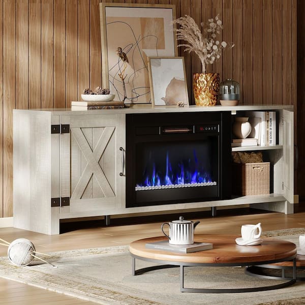 Farmhouse 63in Freestanding Electric Fireplace TV Stand Fits TVs up to 70 in. with Storage Cabinet in Wash Grey