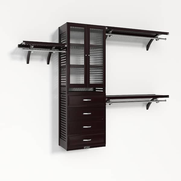 John Louis Home 72 in. W - 120 in. W Espresso Walk in with 4 Drawers and Glass Door 16 in. Shelf Wood Closet System