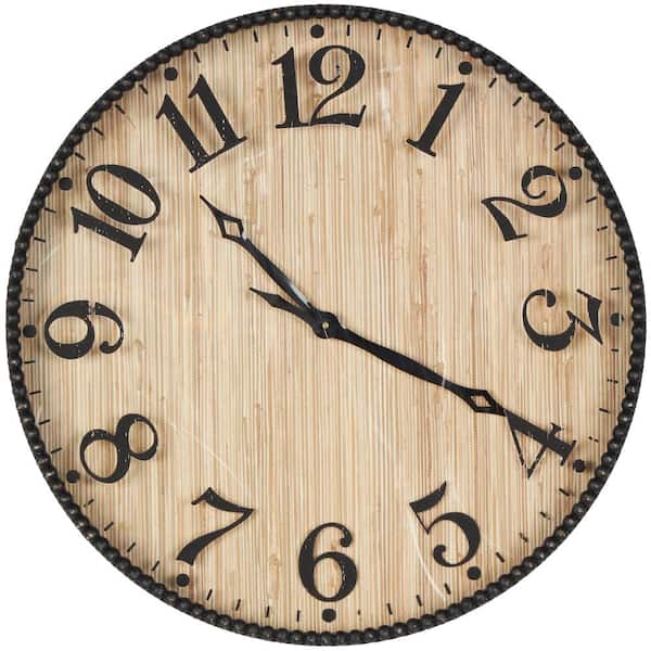 Litton Lane Light Brown Wood Distressed Wall Clock with Black Beaded Wood Frame