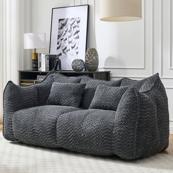 Black Chenille Bean Bag Loveseat Sofa with Armrests and Pillows, Foam Filled Lounge Sofa for Living Room, Bedroom