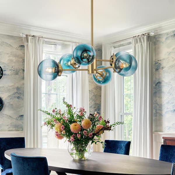 Lydia 6-Light Gold Modern Sputnik Chandelier with Blue Globe Shade
