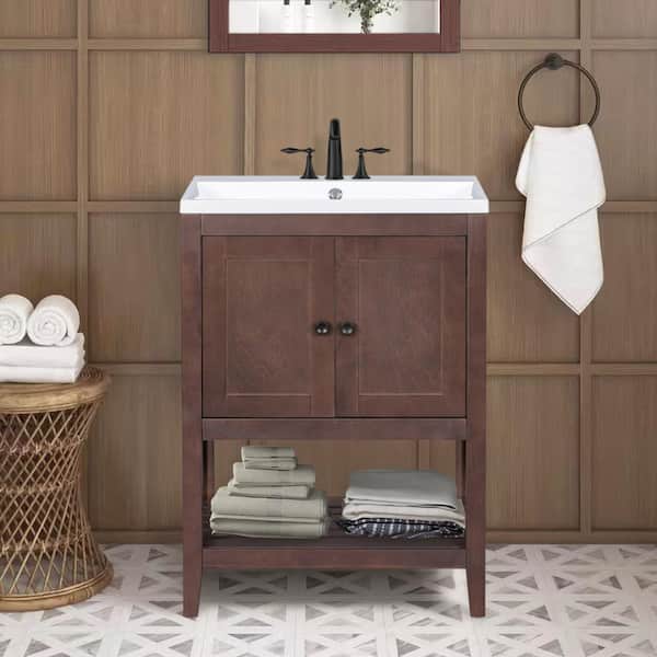 Unbranded 24 in. W. x 18 in. D x 34 in. H Single Sink Freestanding Bath Vanity in Brown with White Ceramic Top