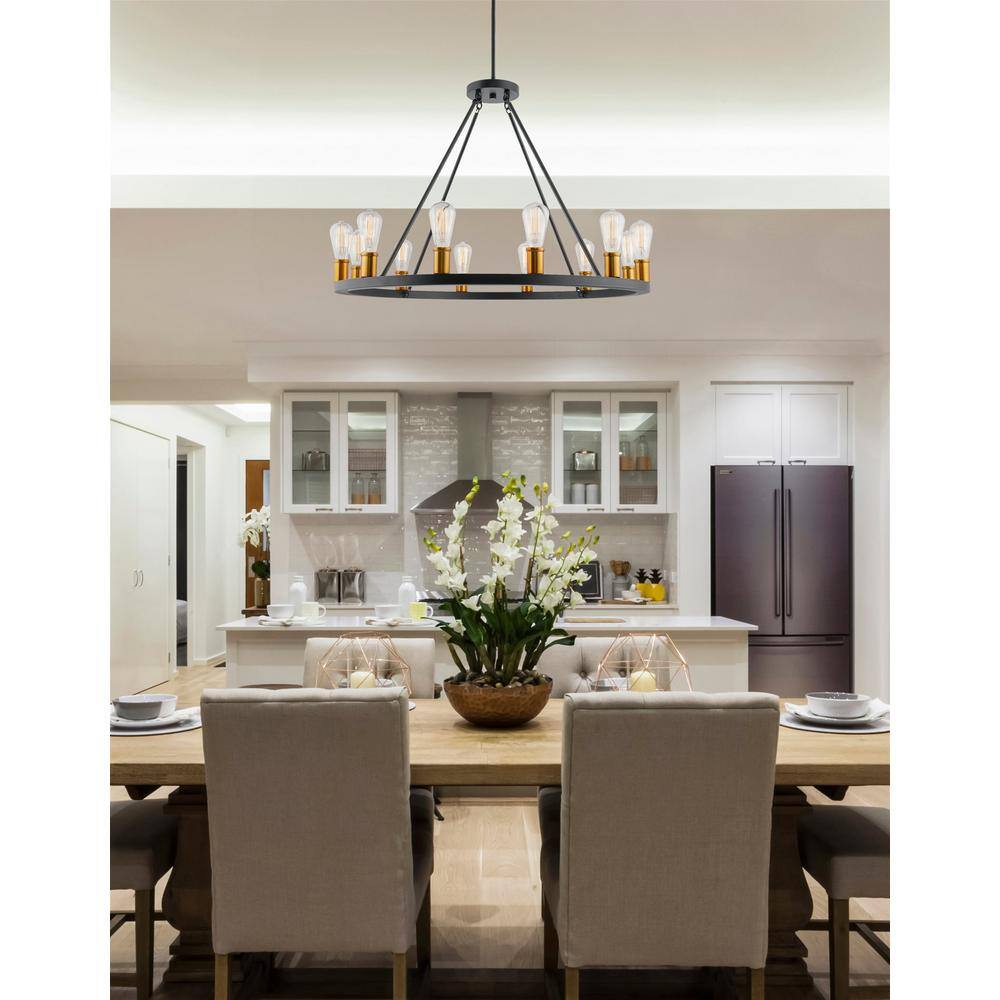 Jericho 36" Black Wagon Wheel Chandelier with Warm Brass Accents