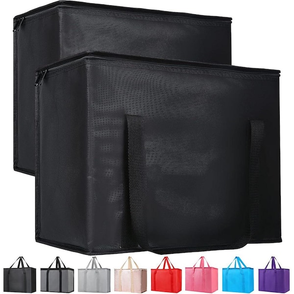32 qt. 2-Pack Insulated Reusable Grocery Bags with Zippered Top for Frozen Foods and Cooler Shopping, XL Large Black