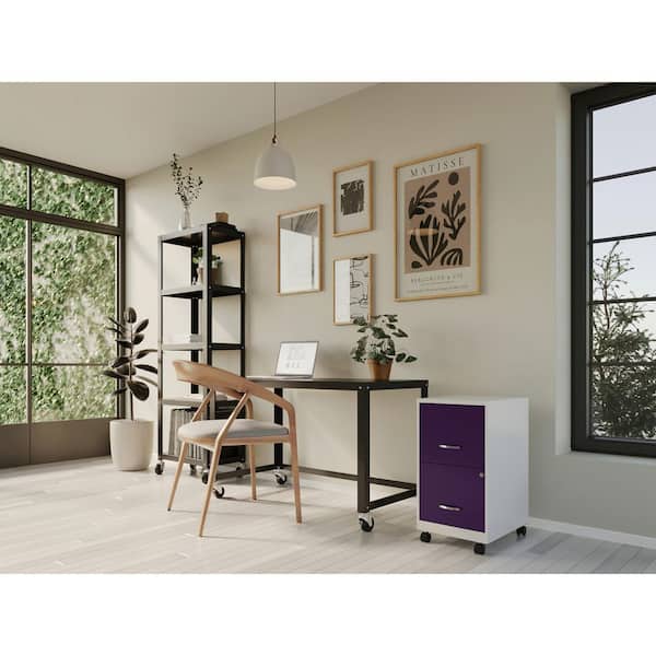 Space Solutions 18 in. D 2-Drawer Metal Letter Width 14.25 in. W Mobile Vertical File Cabinet, Pearl White/Navy