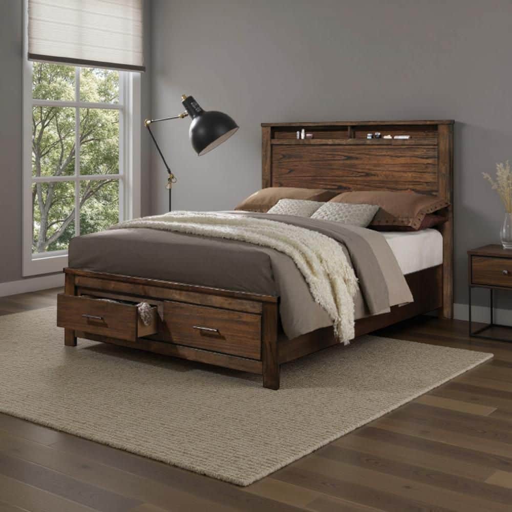 Contemporary Brown Wood Frame Queen Size Panel Bed with Storage