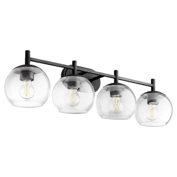 Quorum INTERNATIONAL Lyon 4-100-Watt Medium Base Lamp 32 in. Width Light Vanity with 4 Clear Glass Diffuser Matte Black