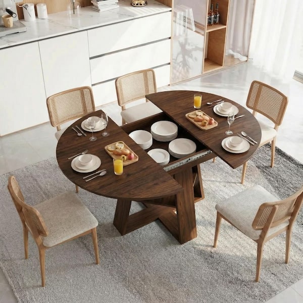 Carlow Walnut Wood 59.06 in. Pedestal Base Extendable Dining Table with Removable Leaves Seats 8