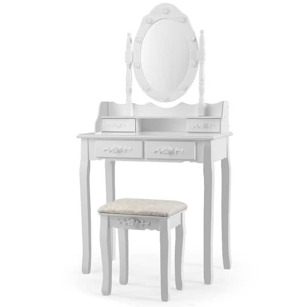 Gymax 29.5 in. W x 16 in. D x 57.5 in. H White Makeup Vanity Dressing Table Set with 10-Dimmable Bulbs Cushioned Stool