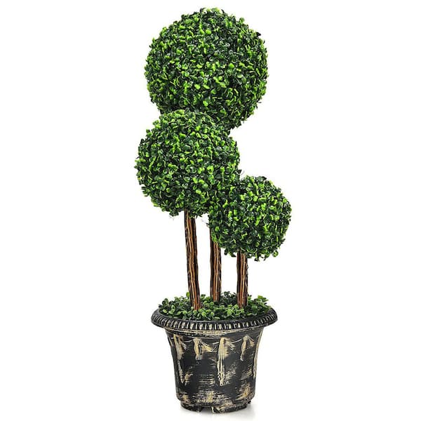 36 in. Green Artificial Topiary Triple Ball Tree Plant in Pot for Indoor and Outdoor Decor