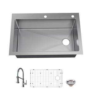 All-in-One Tight Radius Drop-in/Undermount 18G Stainless Steel 33 in. Single Bowl Kitchen Sink with Spring Neck Faucet