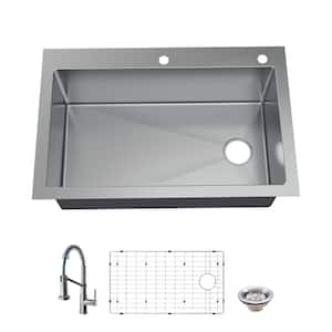 Tight Radius 33 in. Drop-In Single Bowl 18 Gauge Stainless Steel Kitchen Sink with Spring Neck Faucet