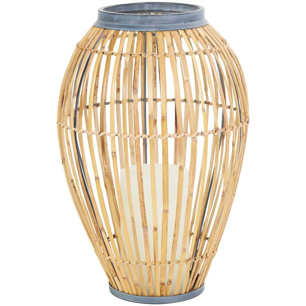 Litton Lane 16 in. Brown Handmade Open Frame Bamboo Wood Decorative Vase with Blue Metal Accents