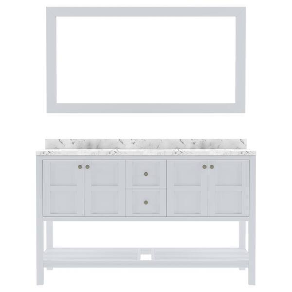 Virtu USA Winterfell 60 in. W x 22 in. D x 37 in. H Double Sink Bath Vanity in White with Quartz Top and Mirror