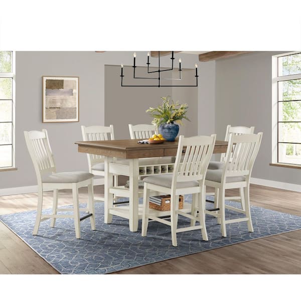 Marlow Farmhouse Walnut and Antique White Wood 60 in. 4-Legs Rectangular Counter Table Seats 6