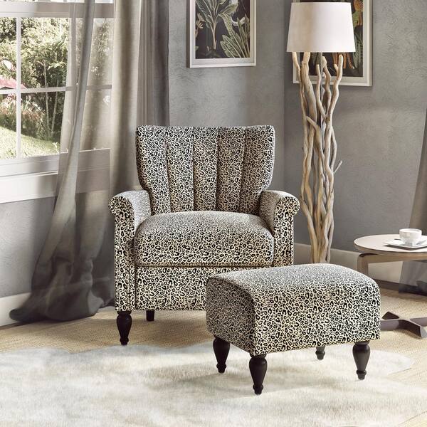 Handy Living - Duncan Gold and Black Leopard Print Velvet Channel Tufted Rolled Arm Chair and Ottoman Set