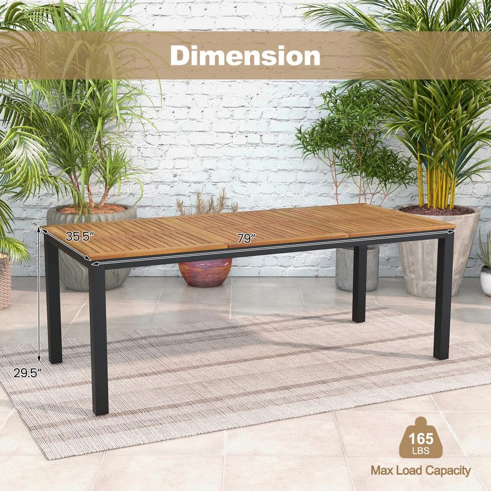79" Natural Acacia Wood and Black Metal Outdoor Dining Table with Umbrella Hole