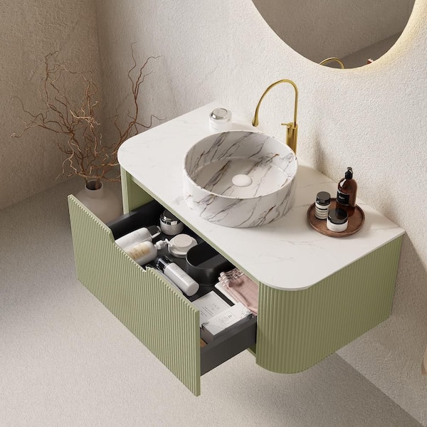 Baye 36 in. W Floating Light Green Bath Vanity with White Textures Ceramic Sink and Engineered Marble Top Unassembled