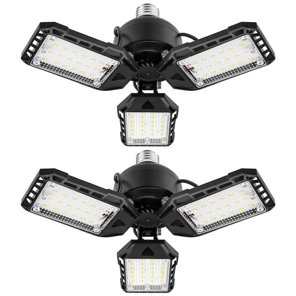 2-Pack 80W LED Garage Lights, 8000LM 6500K Deformable Shop Light with 3-Panels, E26/E27 for Garage, Warehouse, Basement