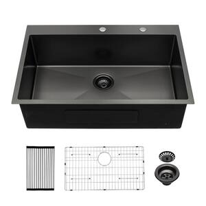Gunmetal Black 16-Gauge Stainless Steel 33 in. Single Bowl Drop-in Workstation Kitchen Sink with Grid and Strainer