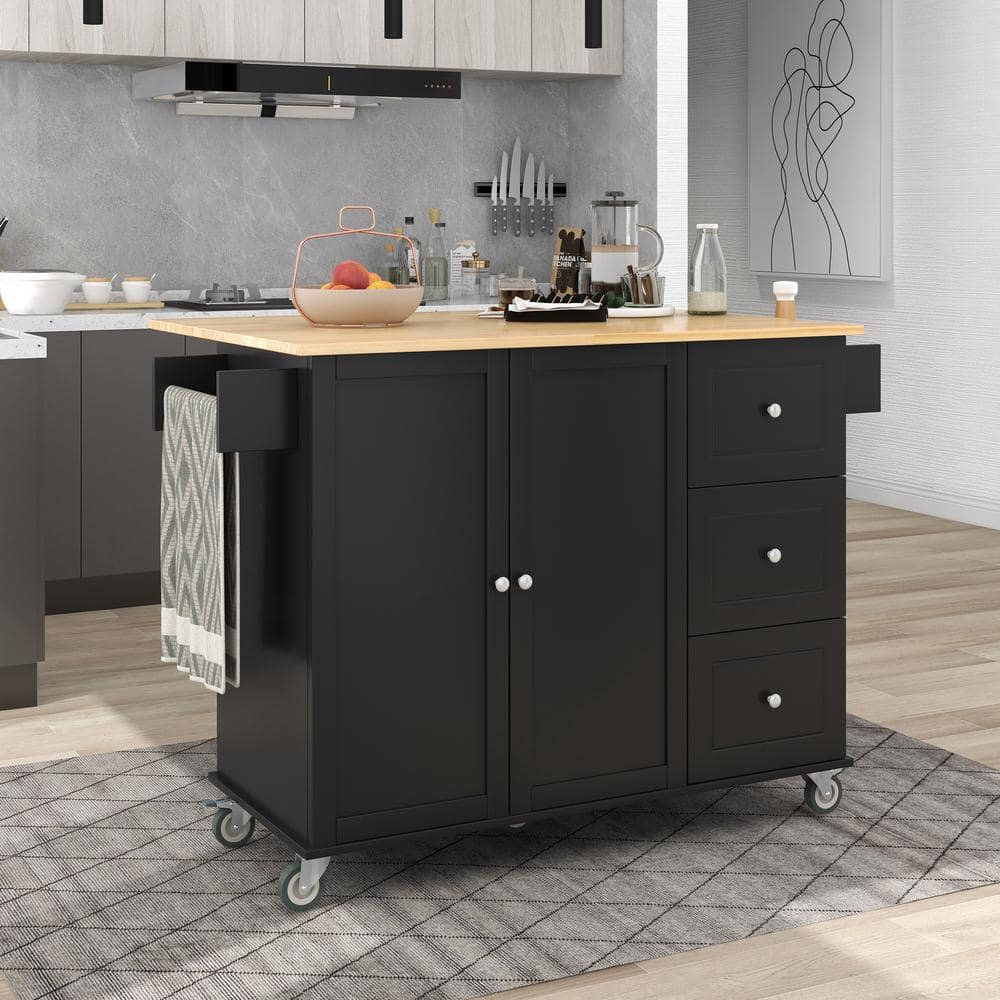 FAMYYT Balck Drop Leaf Rubberwood Countertop 53 in. Kitchen Island with Adjustable Shelves, Black