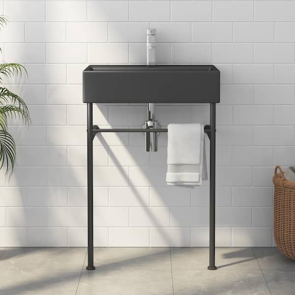 Turner 24 in. Vitreous China Console Sink Basin and Stainless Steel Legs Combo with Overflow Hole in Matte Black