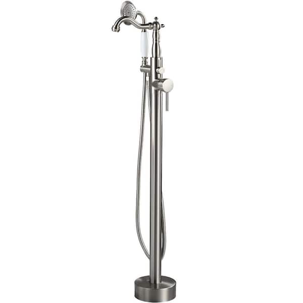 1-Handle Floor Mount Freestanding Claw Foot Tub Faucet Bathtub Filler with Hand Shower in Brushed Nickel