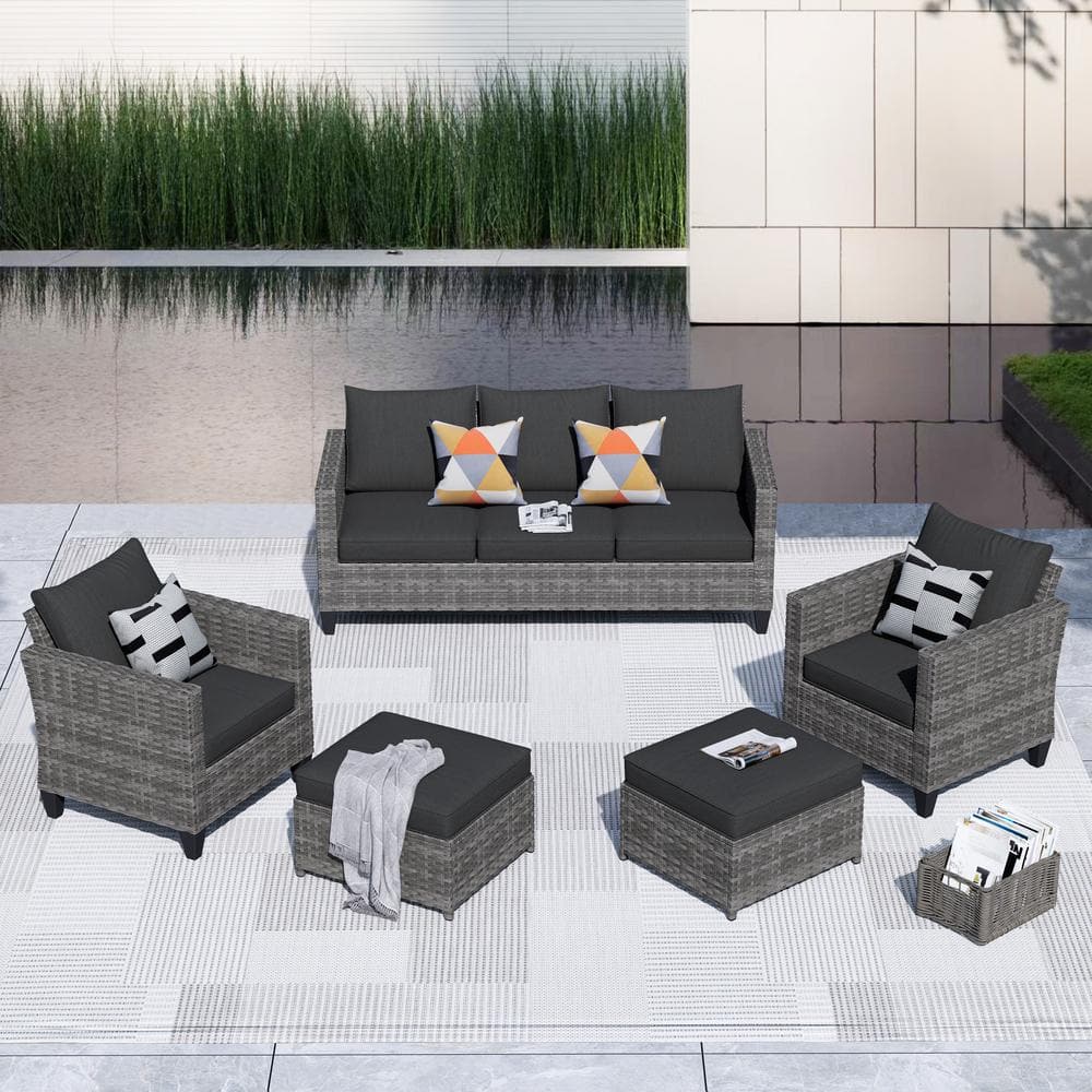 Victoria Gray 5-Piece Wicker Outdoor Patio Conversation Seating Sofa Set with Black Cushions price history on PriceWatchPro