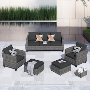 Victoria Gray 5-Piece Wicker Outdoor Patio Conversation Seating Sofa Set with Black Cushions