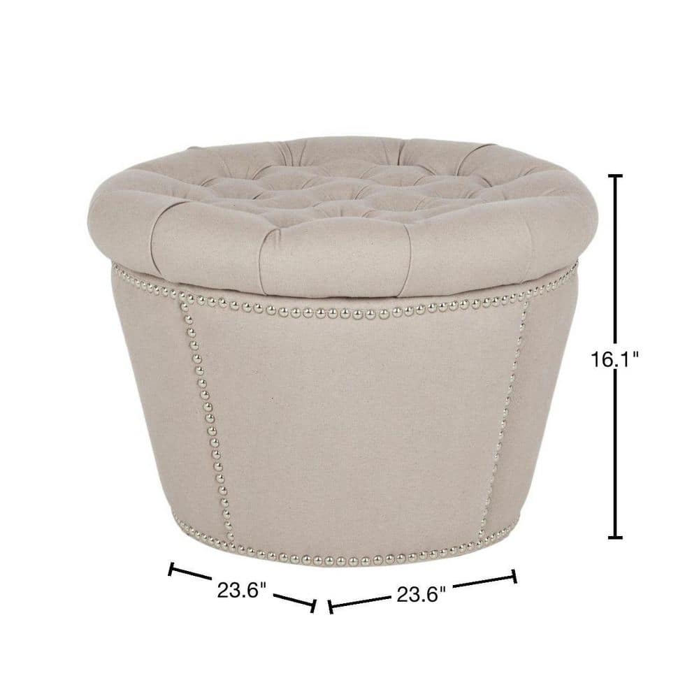 Taupe Tufted Linen Circle Ottoman with Nailhead Trim