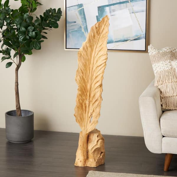 Brown 46 in. x 10 in. Teak Wood Live Edge Floor Leaf Sculpture with Tree Stump Base