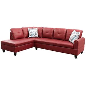 25 in. Round Arm 2-Piece Leather L-Shaped Sectional Sofa in Burgundy